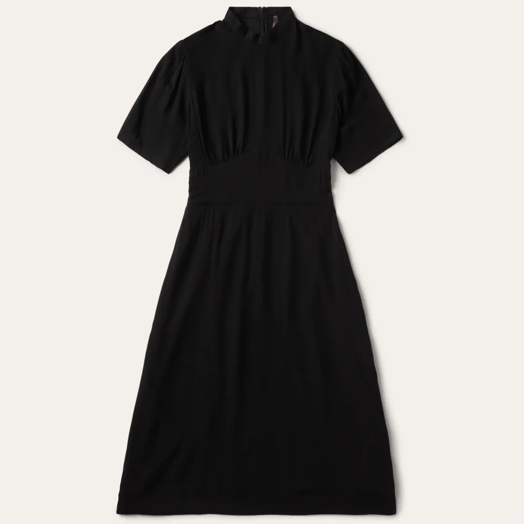 Black Herringbone Twill Midi Dress