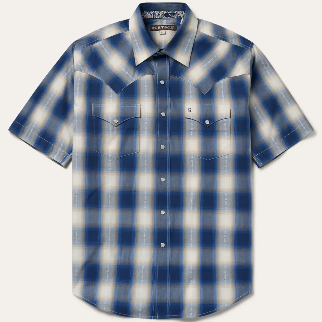 Blue Ombre Plaid Short Sleeve Western Shirt