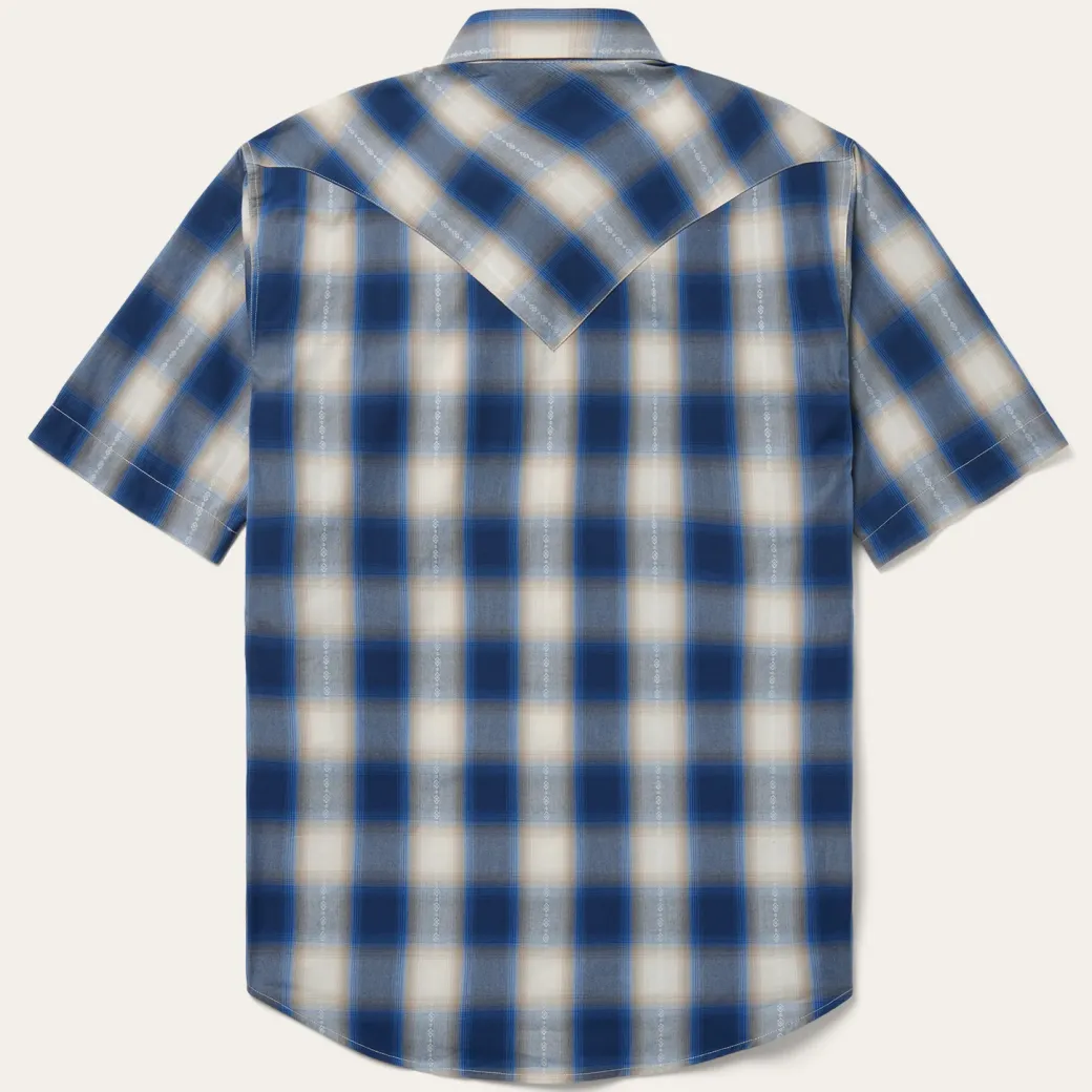 Blue Ombre Plaid Short Sleeve Western Shirt