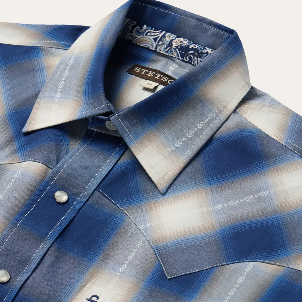 Blue Ombre Plaid Short Sleeve Western Shirt