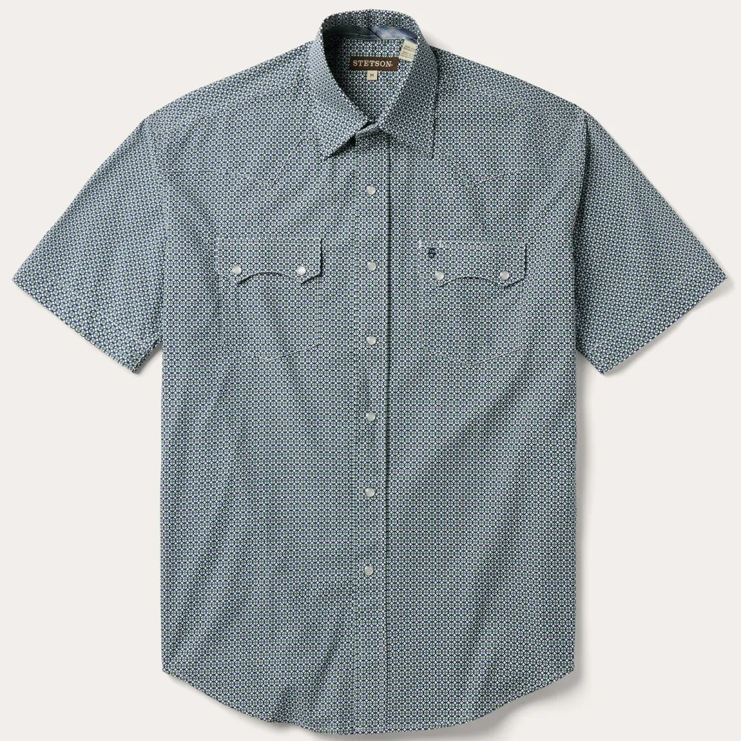 Circle Diamond Print Short Sleeve Western Shirt