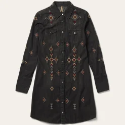 Embroidered Black Denim Shirt Dress