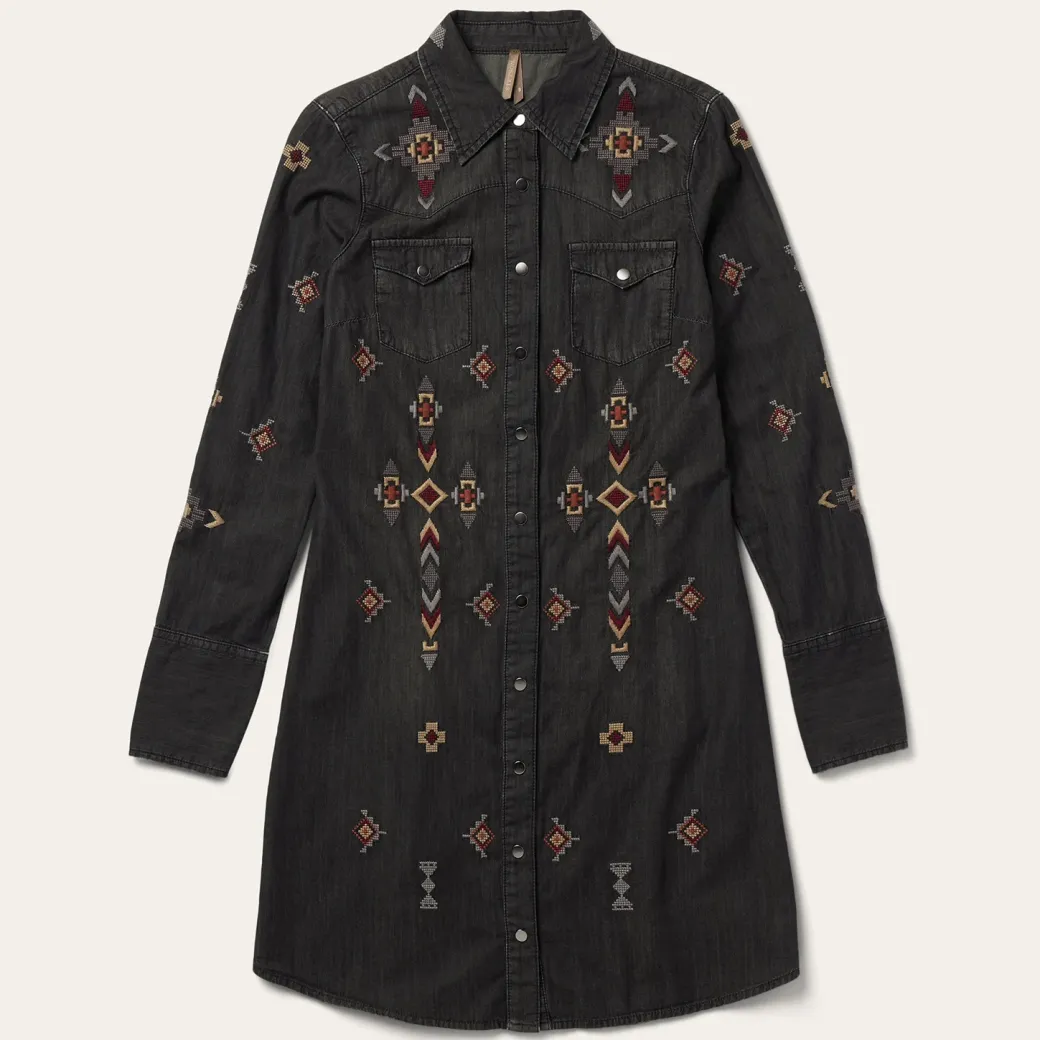Embroidered Black Denim Shirt Dress