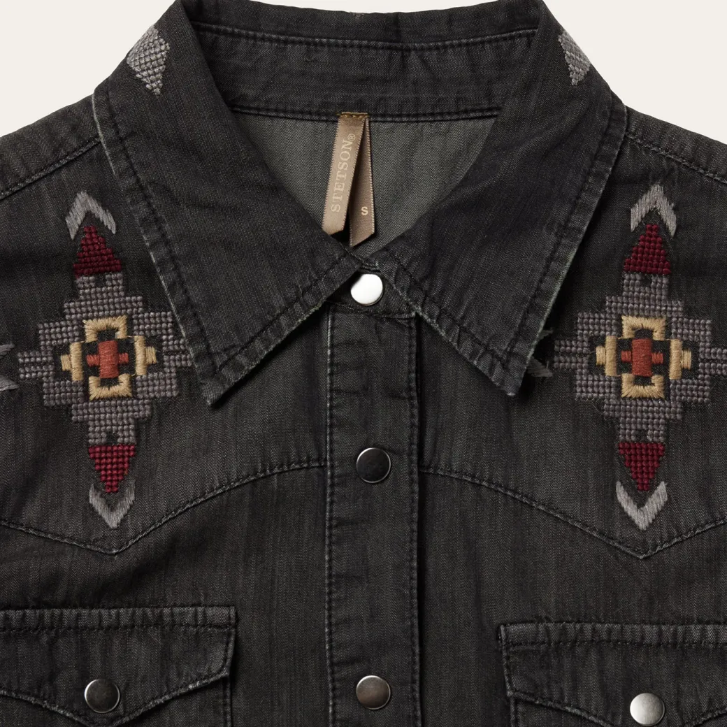 Embroidered Black Denim Shirt Dress