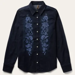 Embroidered Dark Denim Snap Front Blouse