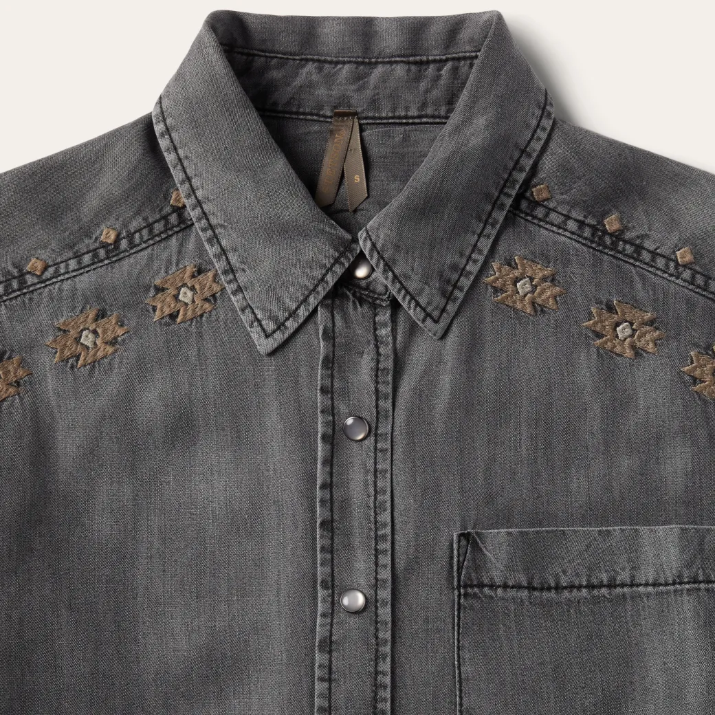 Embroidered Snap Front Shirt Dress