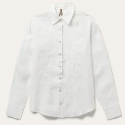 Embroidered White Tonal Stripe Linen Blouse