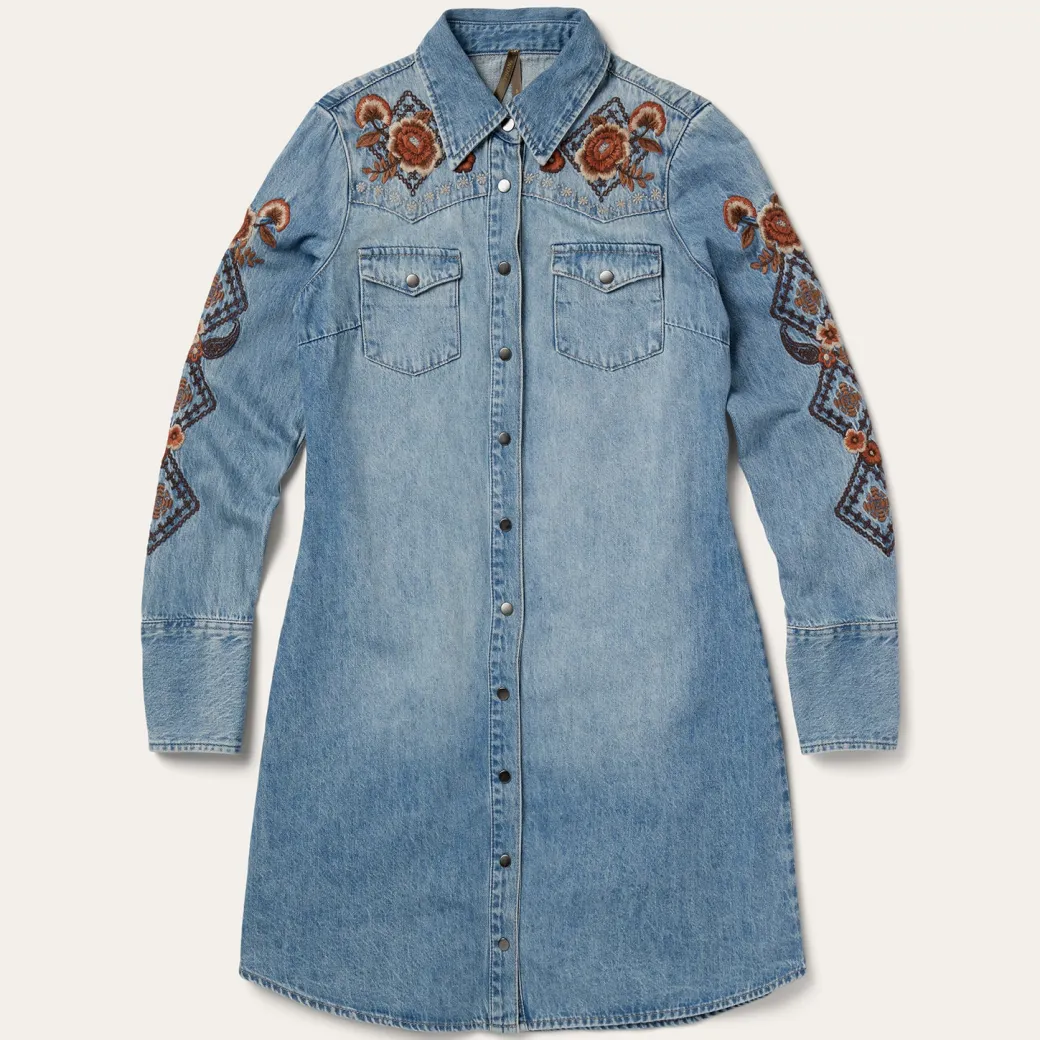 Floral Embroidered Denim Shirt Dress