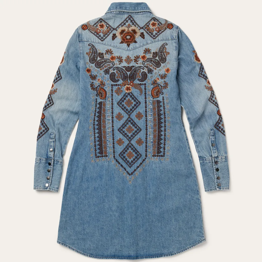 Floral Embroidered Denim Shirt Dress