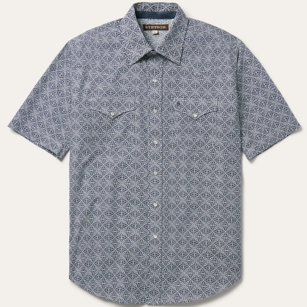 Navy Print Short Sleeve Western Shirt