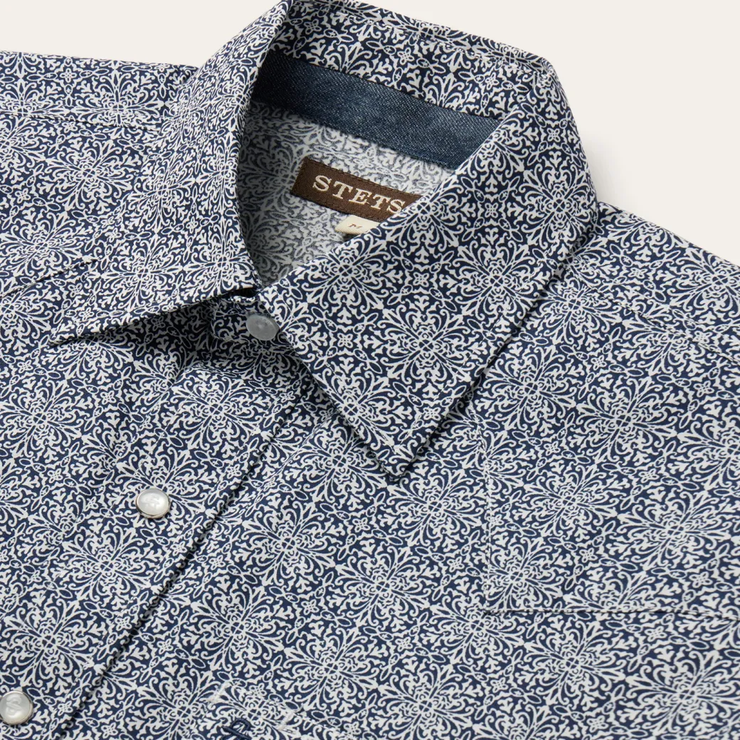 Navy Print Short Sleeve Western Shirt