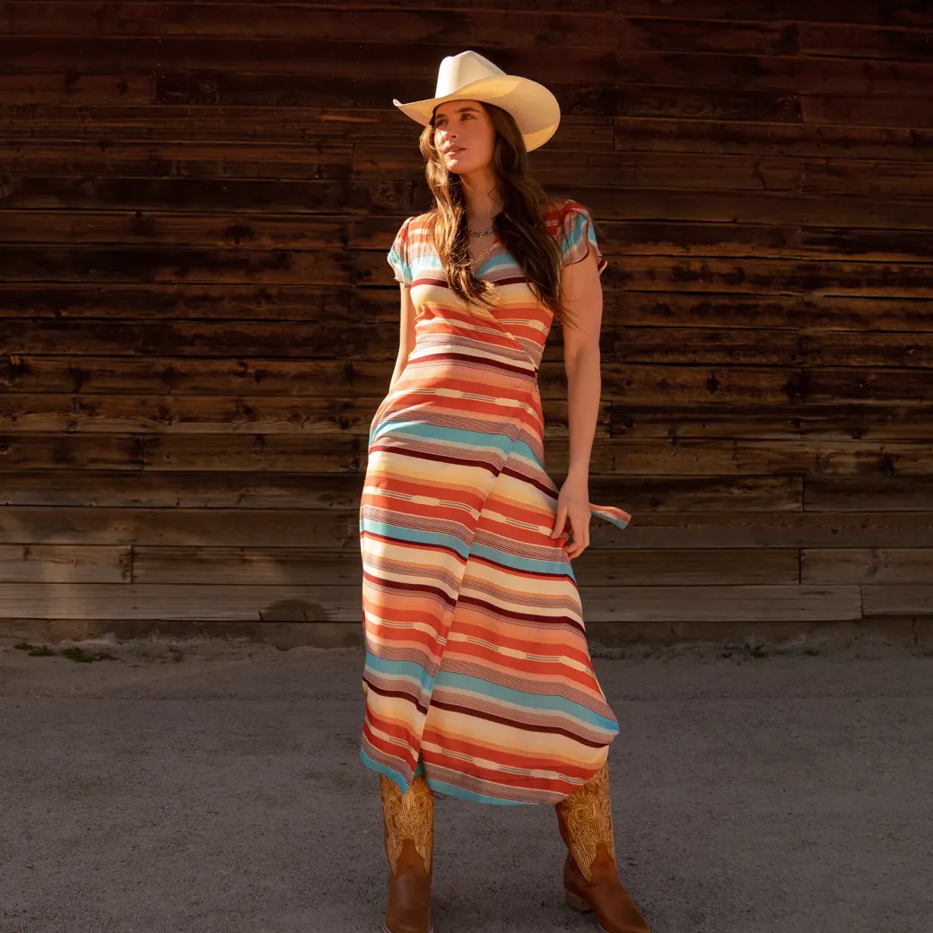 Sunset Serape Print Rayon Herringbone Wrap Front Dress