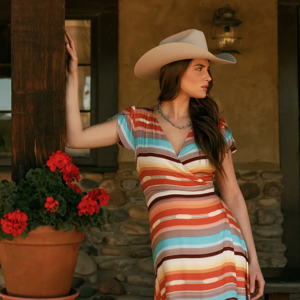 Sunset Serape Print Rayon Herringbone Wrap Front Dress
