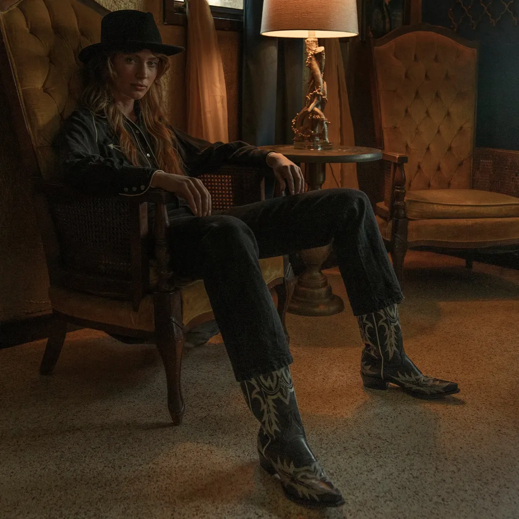 Tina Black White Flame Embroidered Cowboy Boot