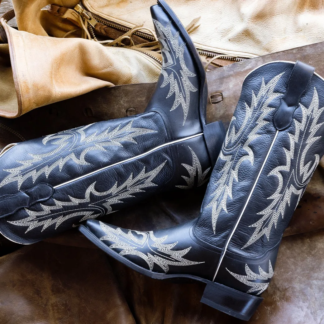 Tina Black White Flame Embroidered Cowboy Boot